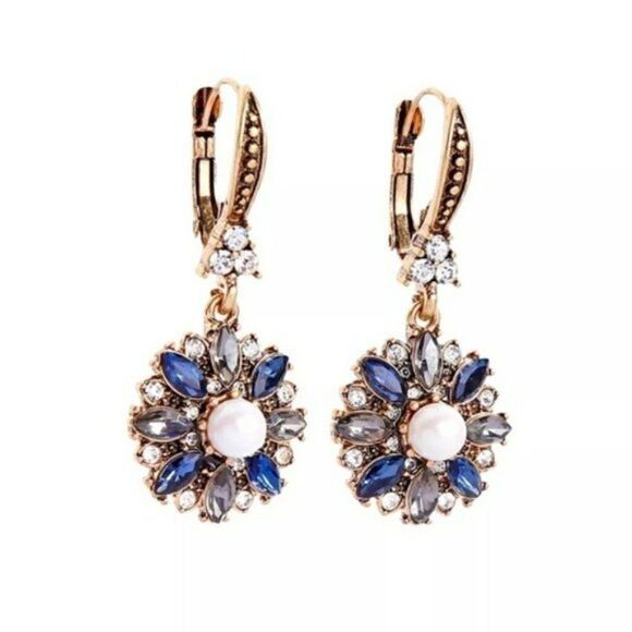 Blue Crystal Pearl Vintage Gold Leverback Statement Earrings - Picture 1 of 6